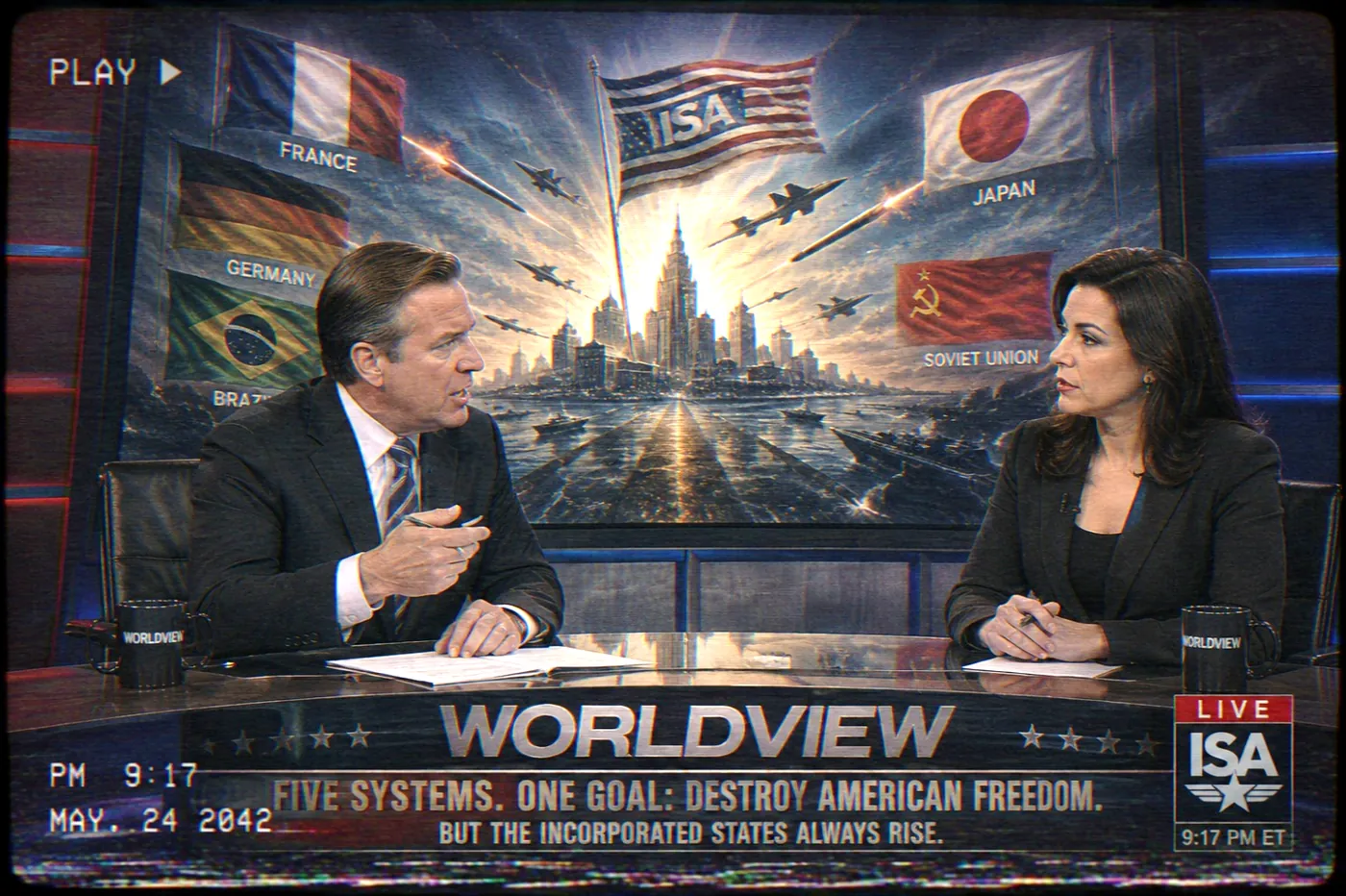 The image shows a newsroom setting with a broadcast, featuring a map with countries labeled, and a segment discussing the downfall of American freedom, as well as the rise of the incorporated states. KI-generierte Inhalte können fehlerhaft sein.