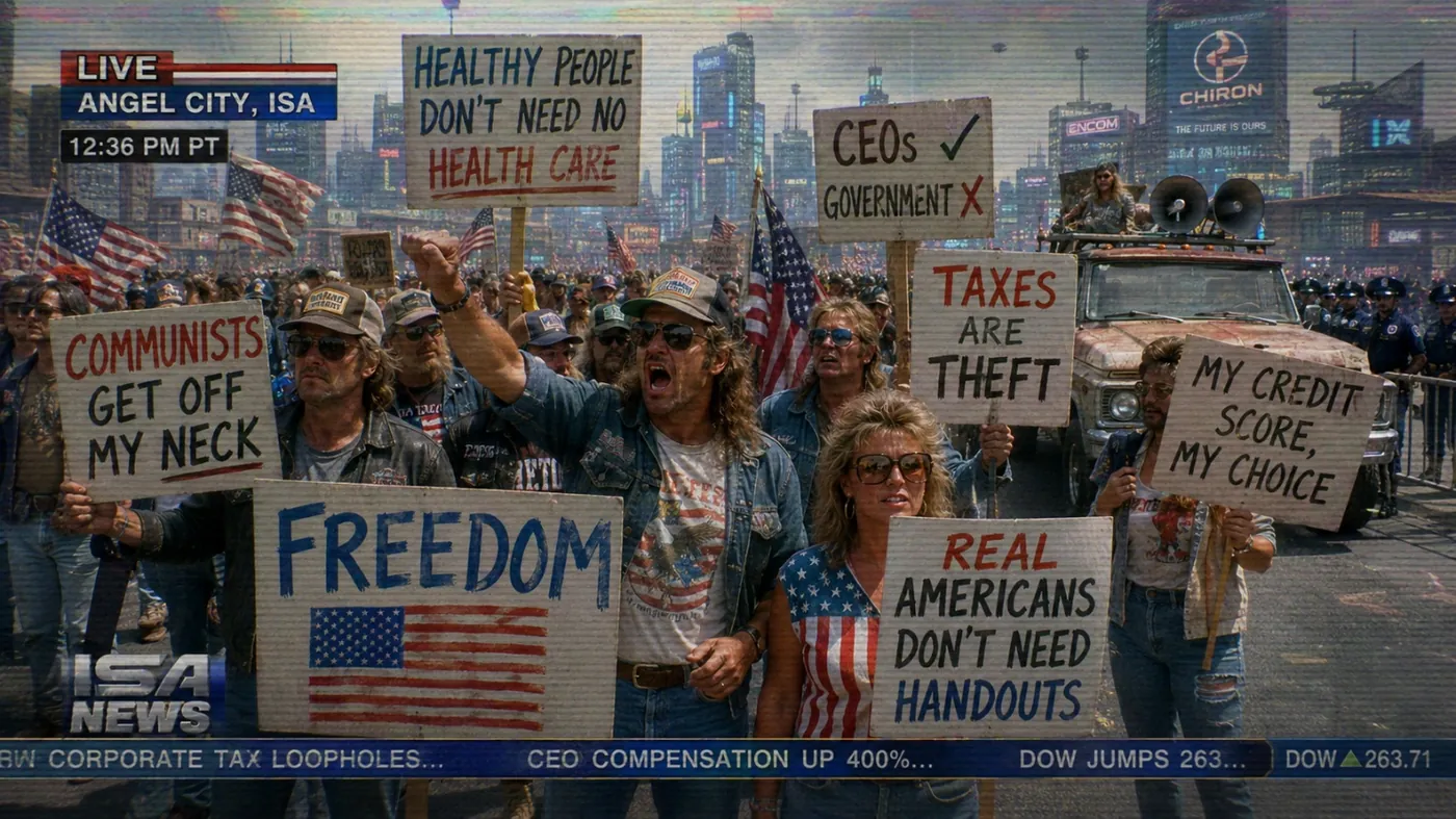 The image depicts a large group of people in Angel City, holding signs and banners that express concerns about taxes, government control, and corporate tax loopholes, while emphasizing the need for health care and freedom. KI-generierte Inhalte können fehlerhaft sein.