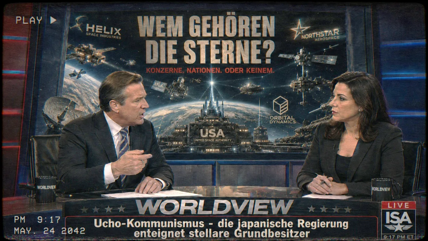 The image depicts a news segment discussing the U.S. Space Authority's acquisition of star properties by Japan's government. KI-generierte Inhalte können fehlerhaft sein.