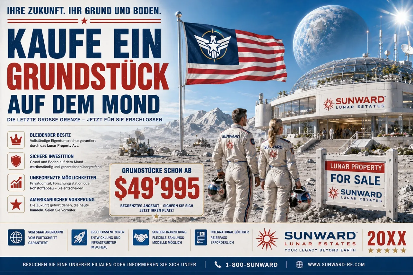 The image is a promotional poster for lunar property sales by Sunward Estates, showcasing an Earth-like building on the Moon with an offer for $49,995, emphasizing the American pioneering spirit and guaranteed property rights under the Lunar Property Act. KI-generierte Inhalte können fehlerhaft sein.