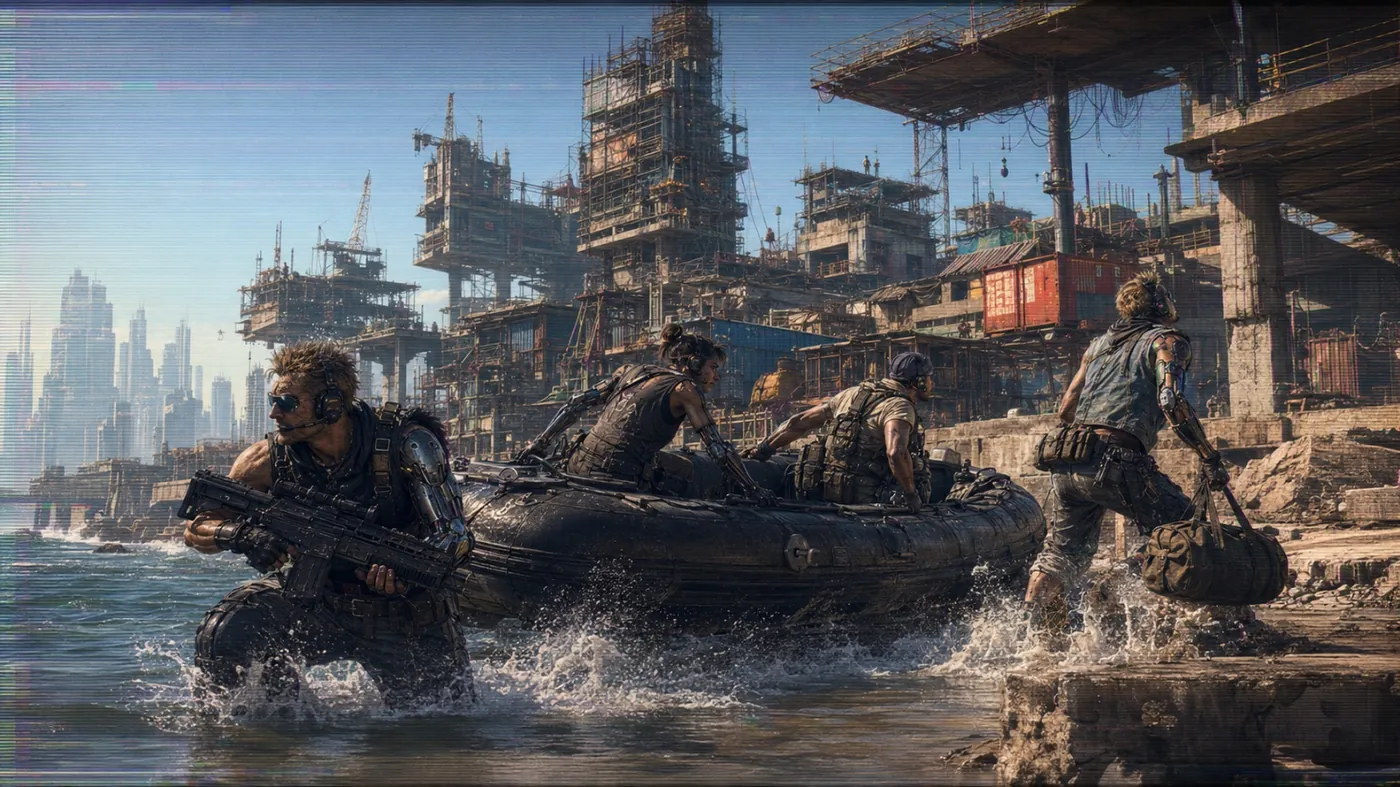 The image depicts a rugged, futuristic cityscape with people navigating a small boat through a stormy sea, emphasizing a post-apocalyptic or dystopian setting. KI-generierte Inhalte können fehlerhaft sein.