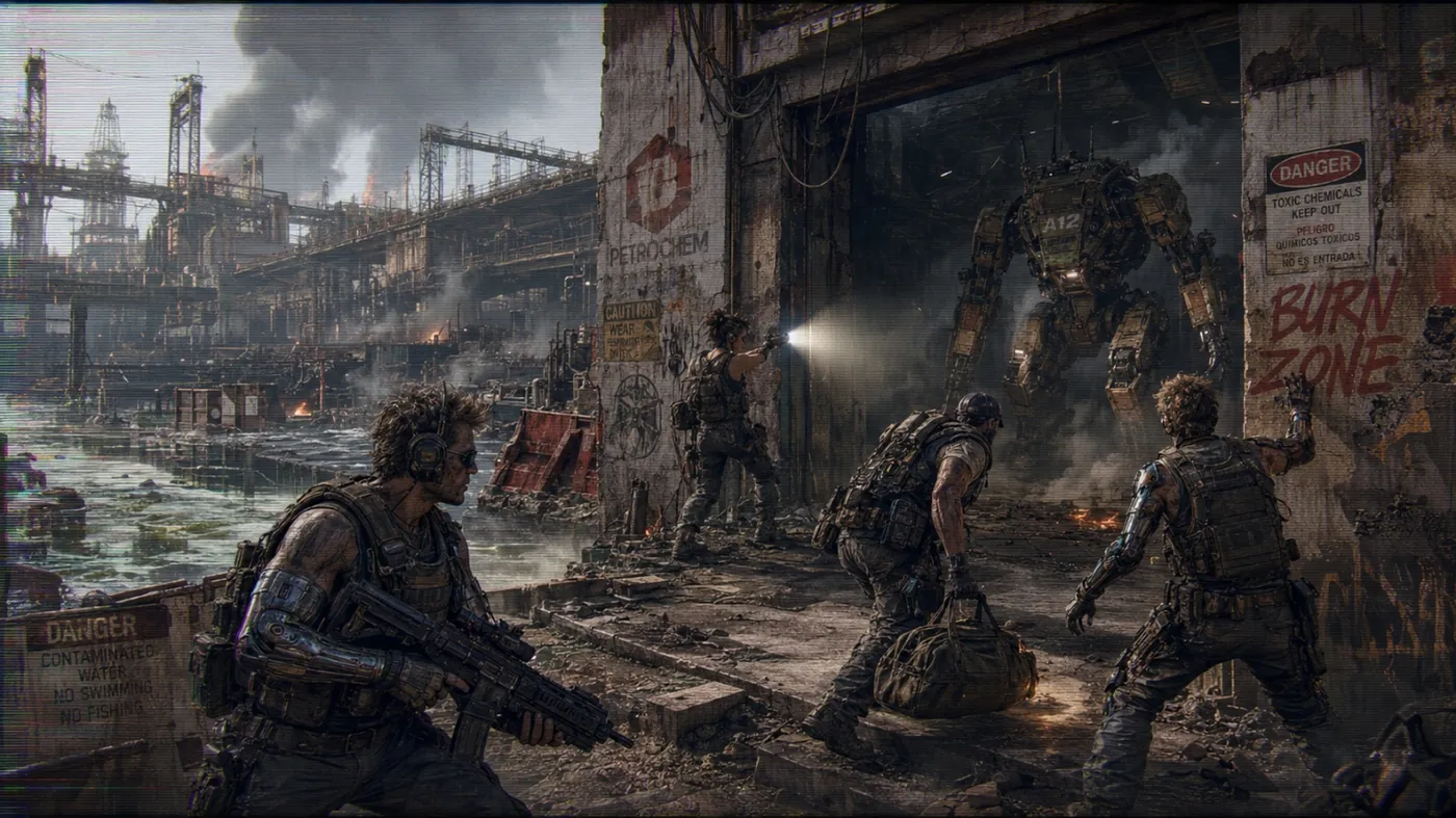 The image depicts a dystopian, industrial setting with a large, intimidating robot, warning signs about chemical hazards, and a cautionary message to stay out of the contaminated water. KI-generierte Inhalte können fehlerhaft sein.