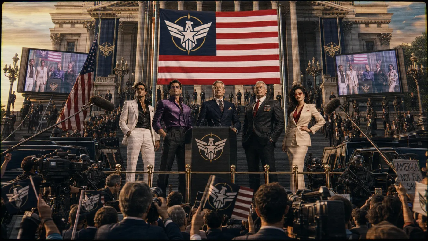 The image depicts a group of people, likely in a formal setting, standing in front of a large American flag, with a backdrop of an American flag and an audience, suggesting a significant public event or ceremony. KI-generierte Inhalte können fehlerhaft sein.