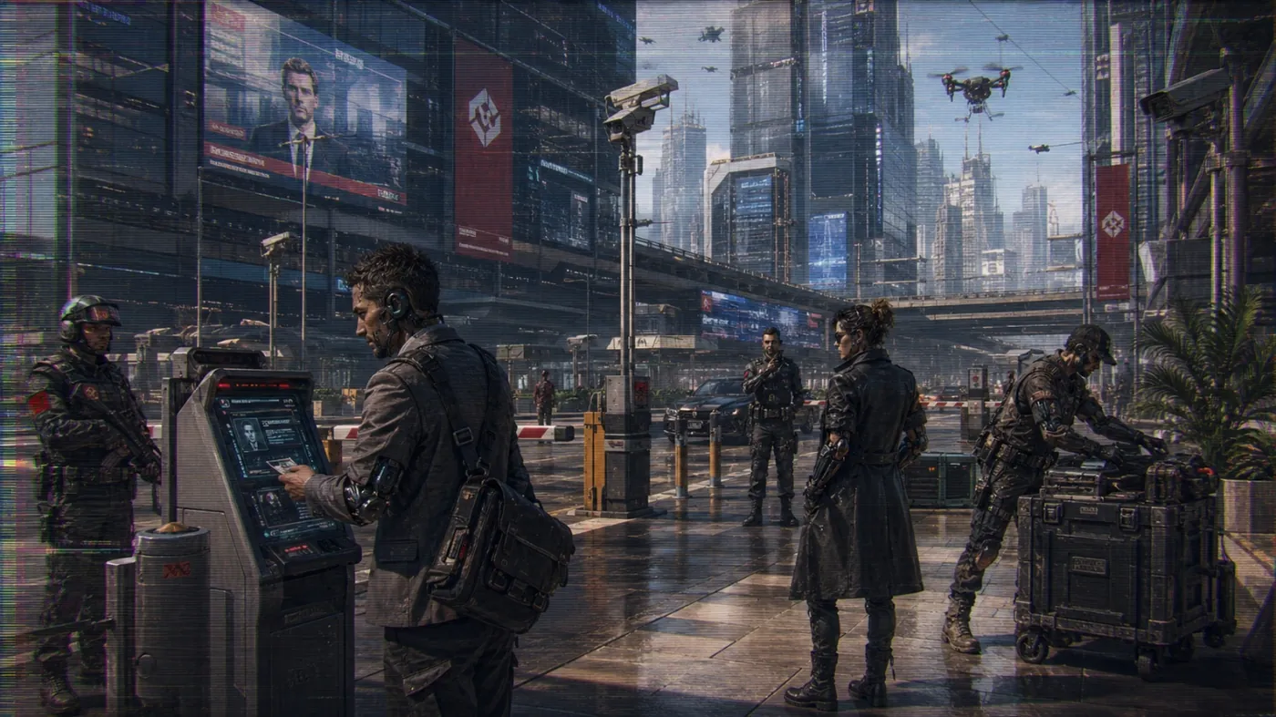 The image depicts a futuristic cityscape with people interacting with advanced technology, including flying drones and holographic displays. KI-generierte Inhalte können fehlerhaft sein.