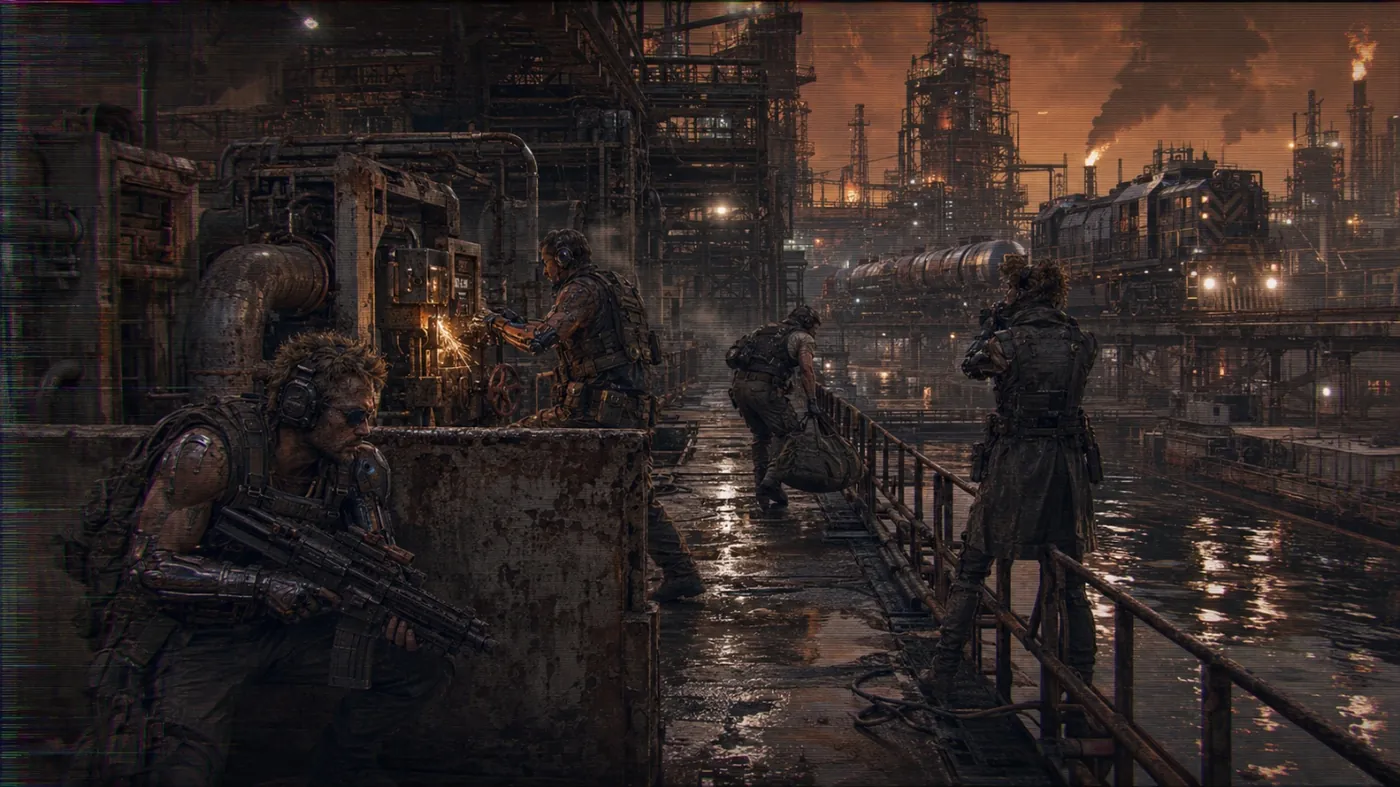 The image depicts a dystopian, industrial landscape with soldiers in armor standing amidst smokestacks and machinery. KI-generierte Inhalte können fehlerhaft sein.