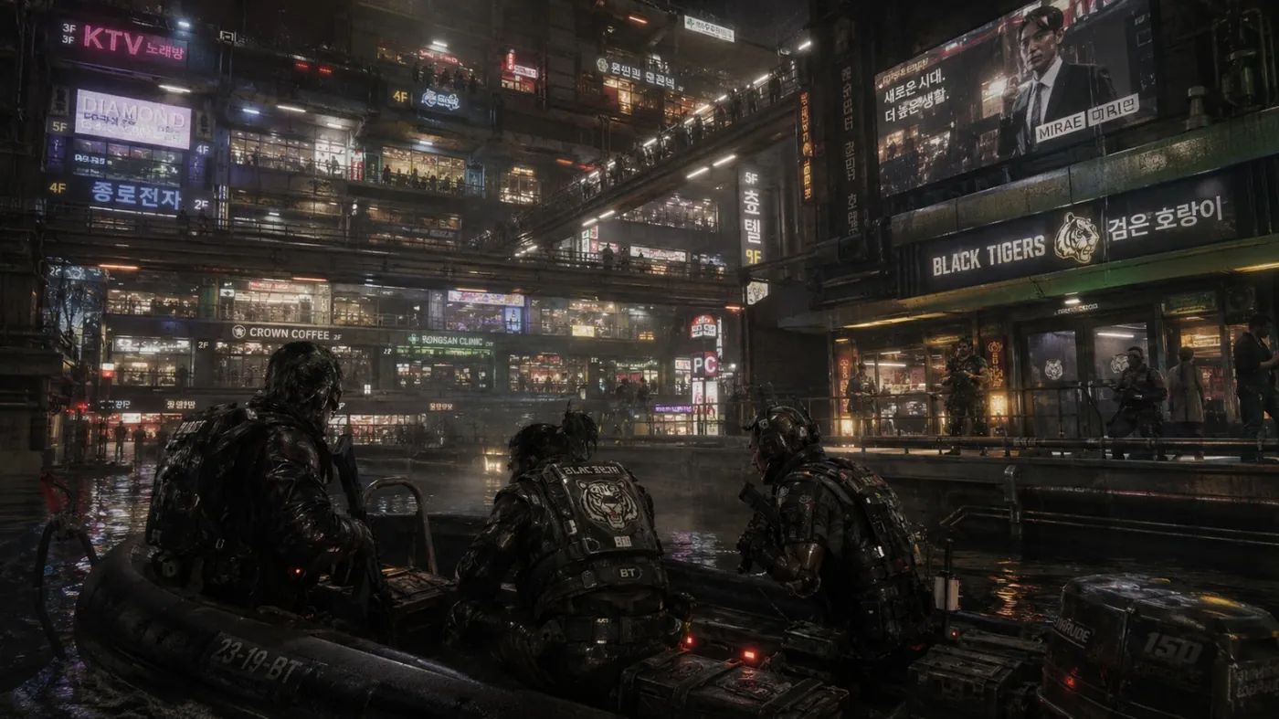 The image depicts a bustling, neon-lit city street scene with various advertisements, shops, and a street vendor. KI-generierte Inhalte können fehlerhaft sein.