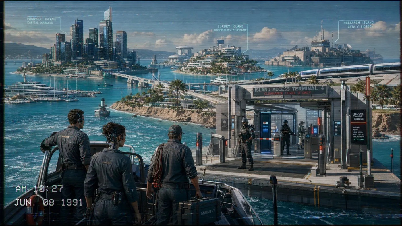 The image shows a futuristic cityscape with buildings, a port, and people, and includes a terminal with a date and time stamp. KI-generierte Inhalte können fehlerhaft sein.