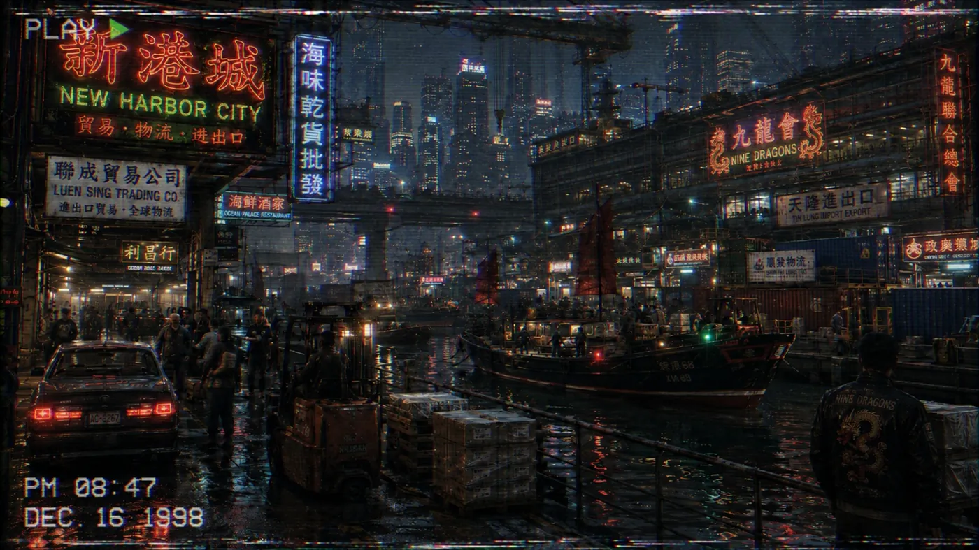 The image depicts a bustling, nocturnal street scene in Hong Kong, featuring a mix of traditional Chinese characters and commercial signs, with waterfront scenes and a sense of urban activity. KI-generierte Inhalte können fehlerhaft sein.