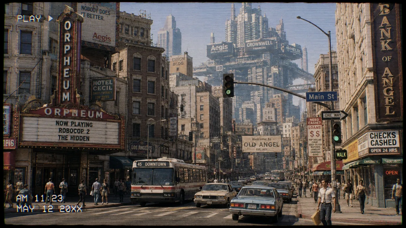 The image shows a street scene with buildings, a movie theater, and a street sign. KI-generierte Inhalte können fehlerhaft sein.