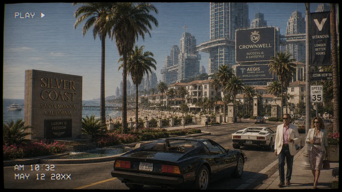 The image depicts a picturesque scene of a sunny beachside cityscape with palm trees, beachgoers, and a Ferrari parked by the ocean, evoking a sense of luxury and relaxation. KI-generierte Inhalte können fehlerhaft sein.