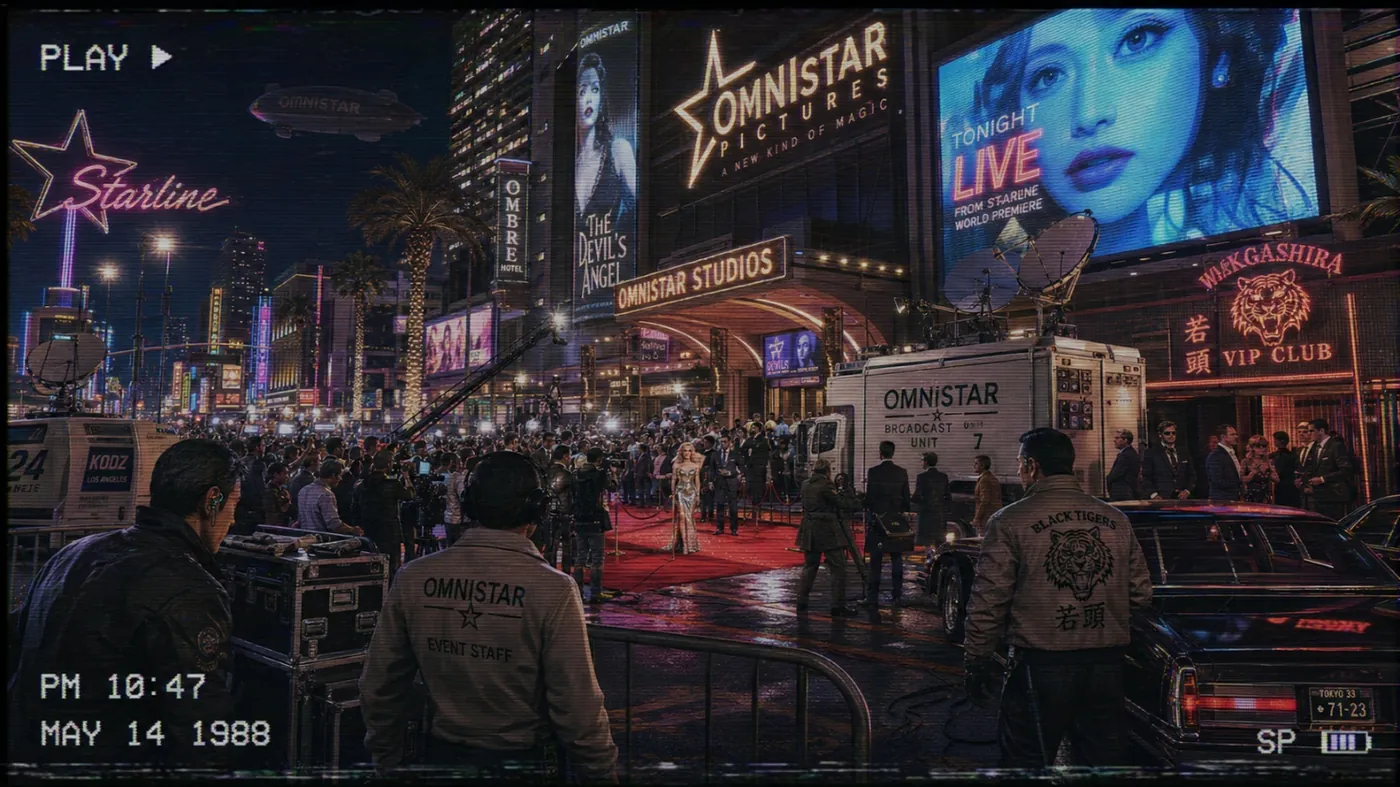 The image depicts a vibrant nightlife scene in a city, featuring a star-themed club, palm trees, and a crowd of people. KI-generierte Inhalte können fehlerhaft sein.