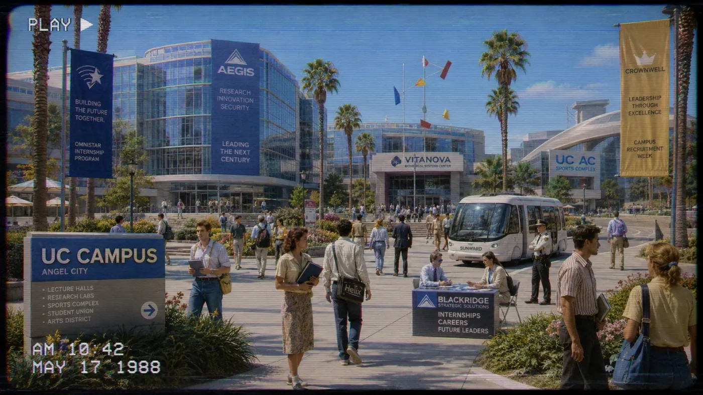 The image depicts a bustling outdoor scene at the University of California, Irvine campus, with various buildings, palm trees, and people engaged in activities like studying, walking, and attending events. KI-generierte Inhalte können fehlerhaft sein.