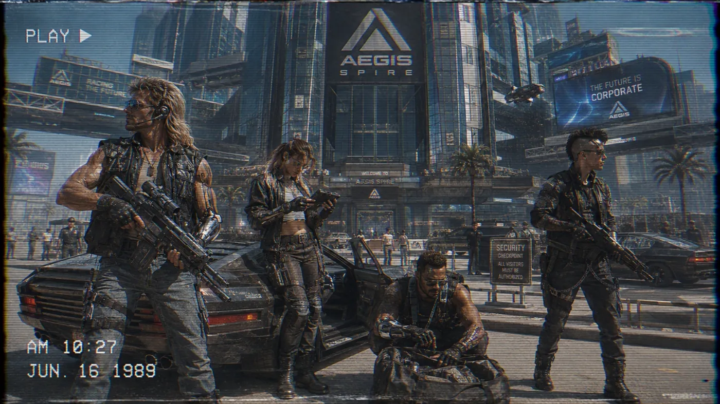 The image depicts a futuristic, urban setting with military-themed elements, showcasing a corporate environment, likely for a video game or digital experience. KI-generierte Inhalte können fehlerhaft sein.