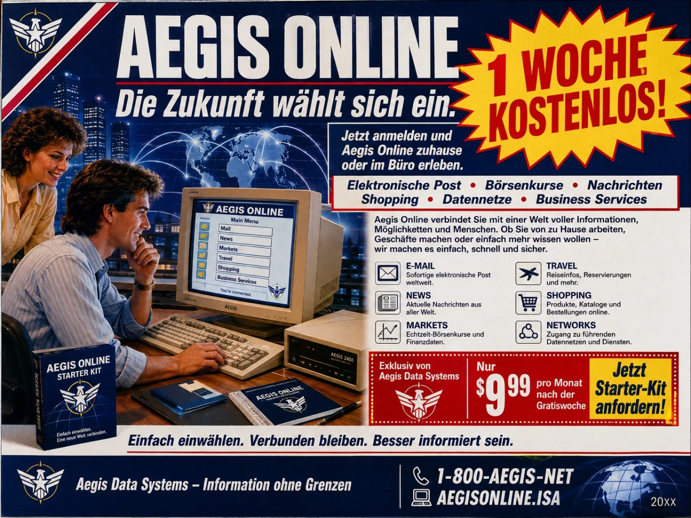 The image shows a promotional advertisement for Aegis Online, featuring a computer setup with a monitor, and includes options for email, shopping, news, travel services, and stock market information. KI-generierte Inhalte können fehlerhaft sein.