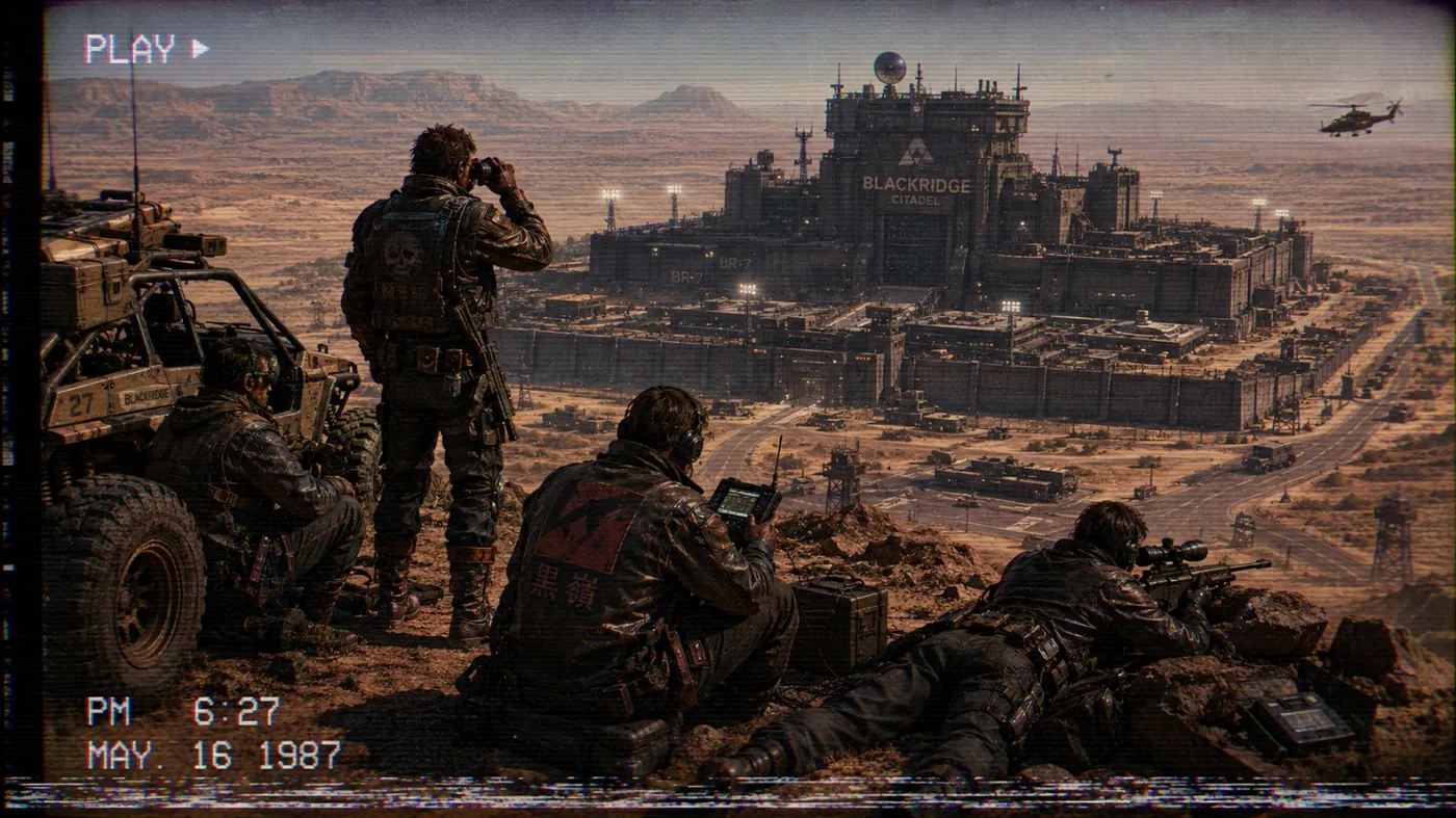 The image depicts a rugged, futuristic landscape with a large, imposing structure surrounded by military personnel and aircraft, with the date and location details provided. KI-generierte Inhalte können fehlerhaft sein.