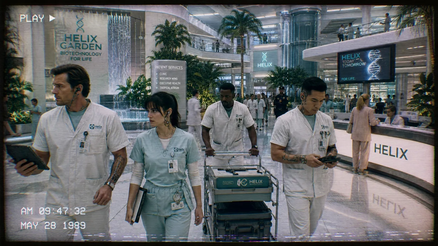 The image shows a futuristic medical clinic or hospital setting, possibly an airport terminal or large public facility, with multiple healthcare professionals and medical equipment, including a prominent Helix brand. KI-generierte Inhalte können fehlerhaft sein.