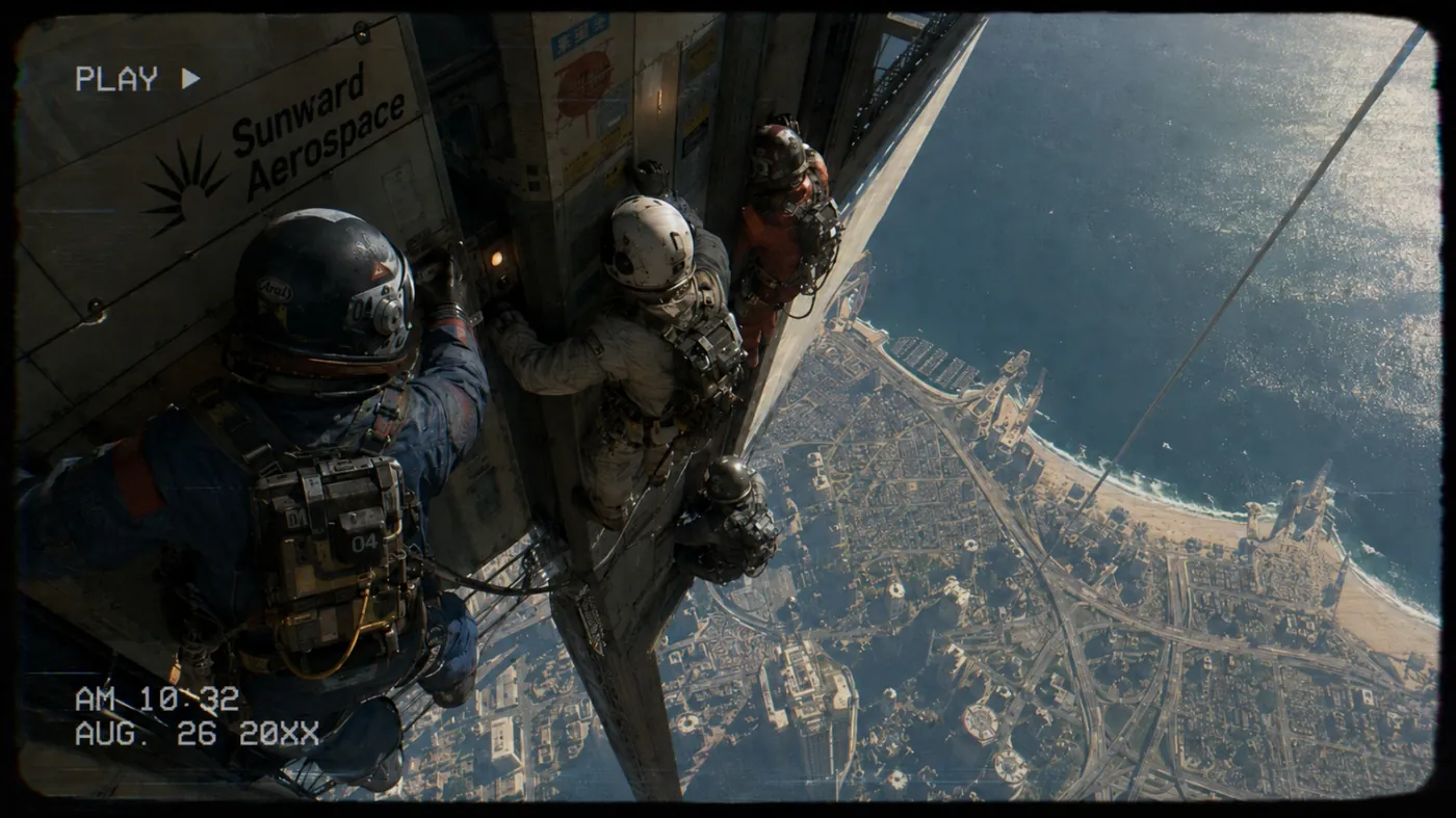 The image shows astronauts in a space suit conducting an operation, likely on a space station, with a view of Earth in the background, captured on August 26, 20XX, at 10:32 AM. KI-generierte Inhalte können fehlerhaft sein.