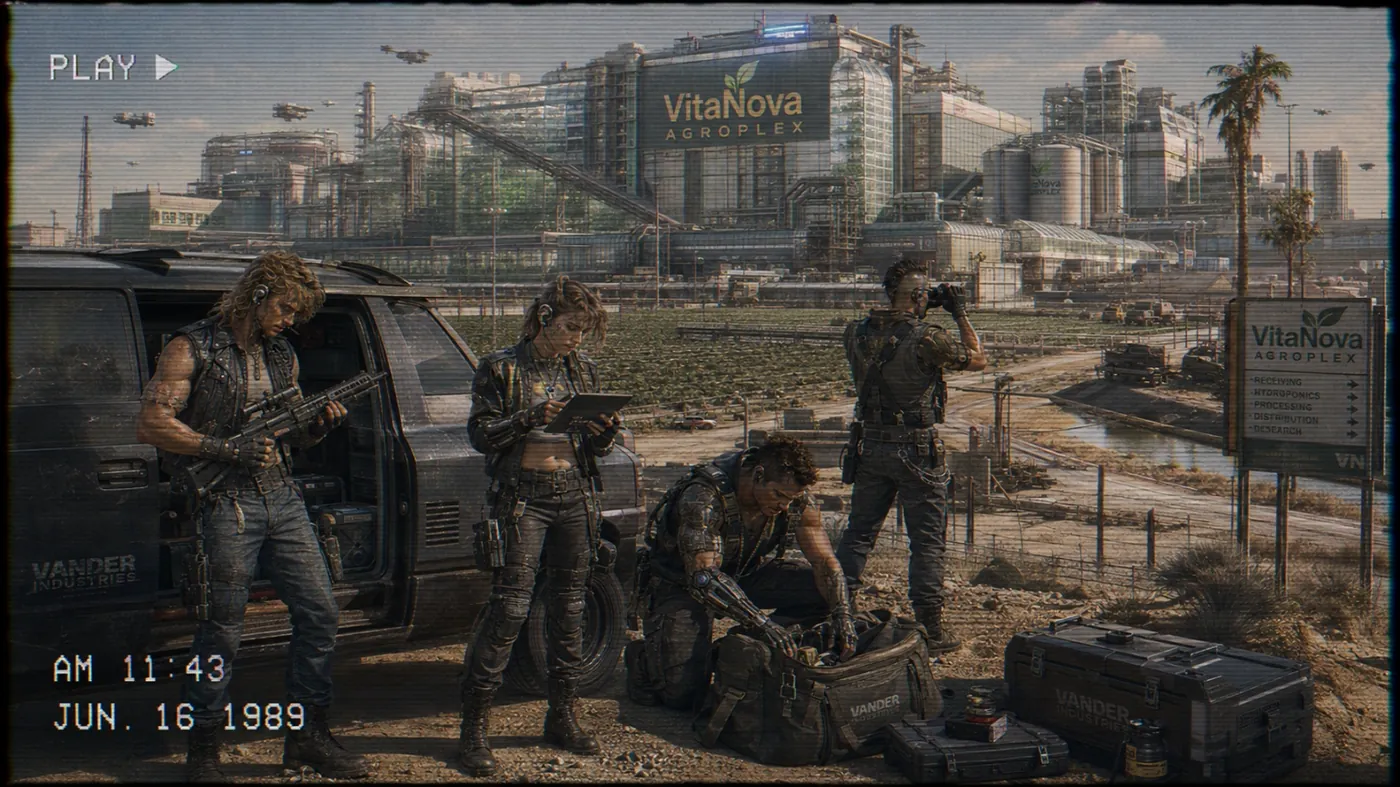 The image depicts a futuristic industrial complex with a military theme, featuring a group of armed individuals, advanced machinery, and high-tech signage, dated June 16, 1989. KI-generierte Inhalte können fehlerhaft sein.