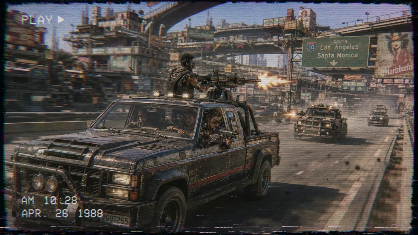 The image depicts a rugged military vehicle navigating a chaotic urban street scene with a bustling advertisement, dated April 26, 1988. KI-generierte Inhalte können fehlerhaft sein.