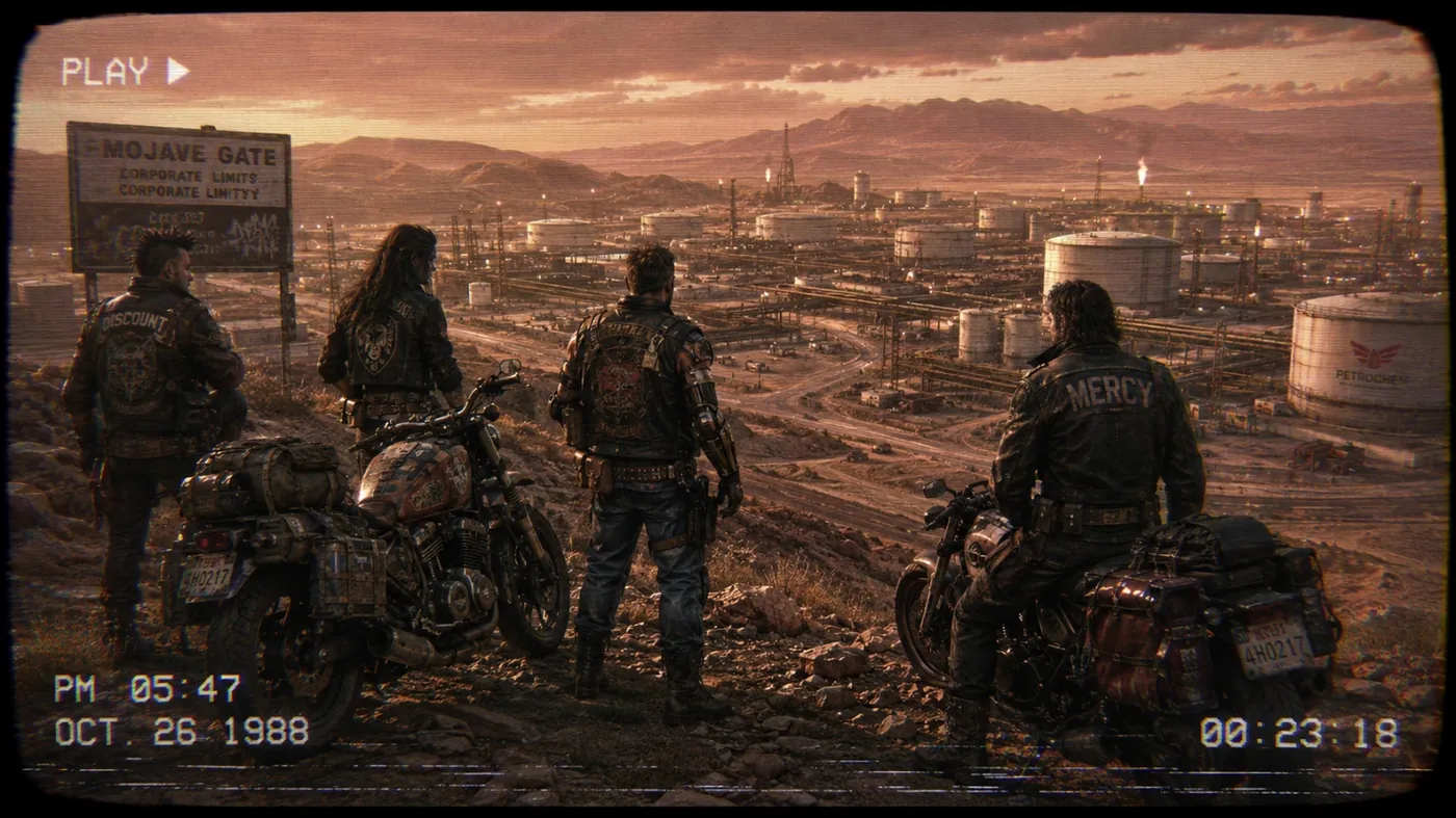 The image depicts a rugged landscape with four individuals in military gear, possibly in a post-apocalyptic or dystopian setting, near what appears to be industrial structures or a gate. KI-generierte Inhalte können fehlerhaft sein.