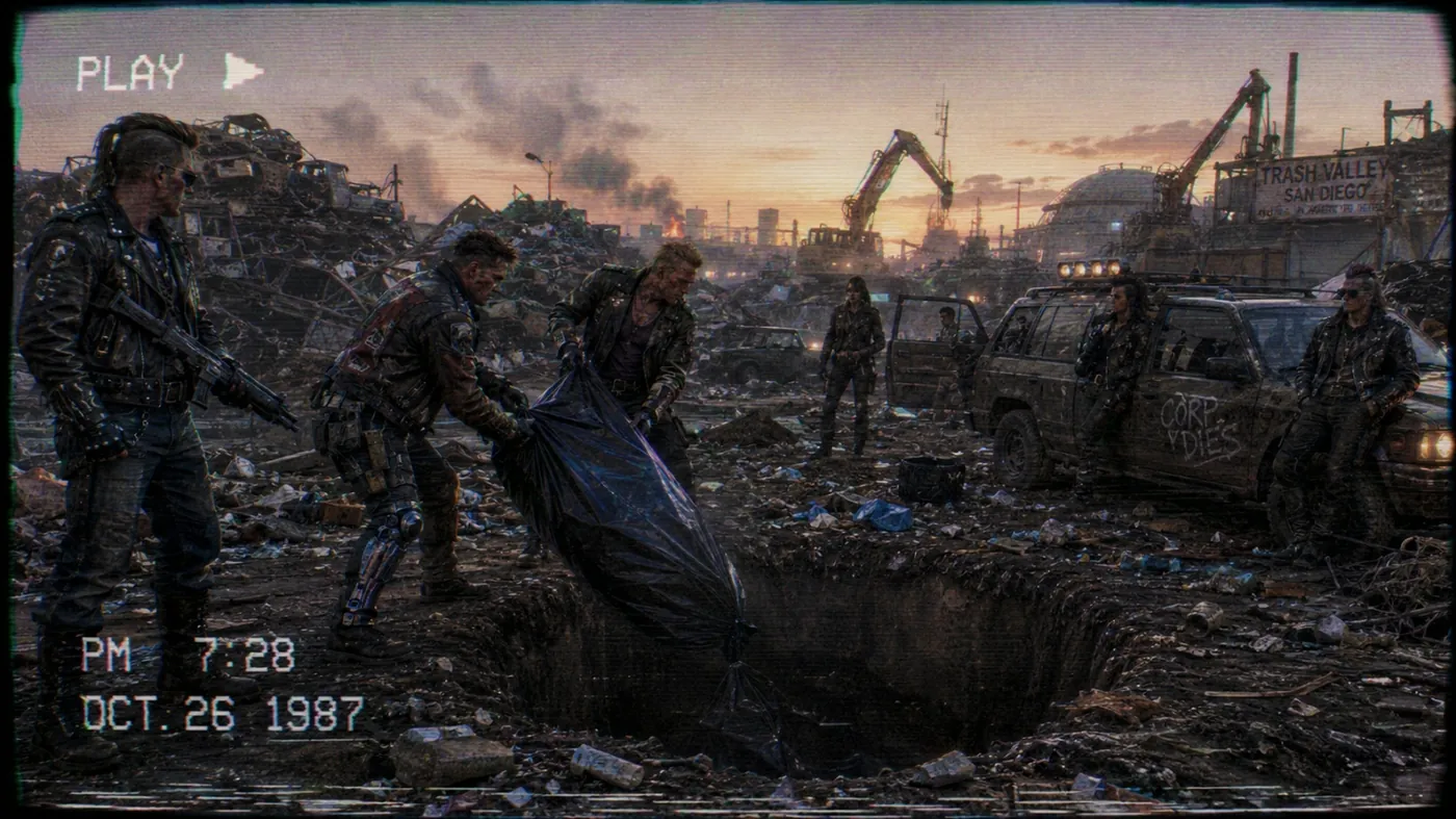 The image depicts a scene of a group of people in a trash valley in San Diego, with the date and time noted as October 26, 1987. KI-generierte Inhalte können fehlerhaft sein.