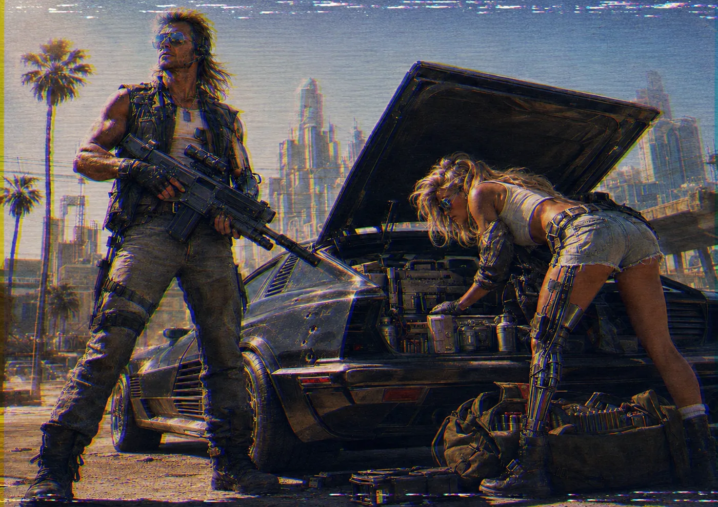The image depicts a woman in a futuristic, urban setting, holding an automatic rifle and standing beside an open car, with palm trees and a city skyline in the background. KI-generierte Inhalte können fehlerhaft sein.