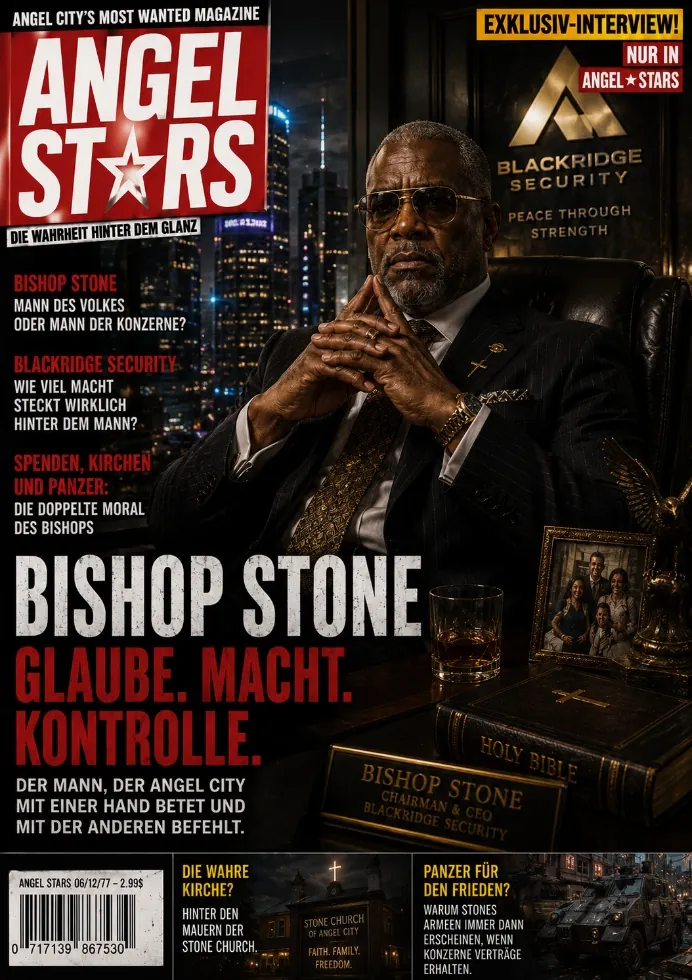 The image features a man in a suit and tie, presumably Bishops Stone, standing in front of a wall with various symbols, including a cross, a Bible, and a stone church, suggesting themes of faith, authority, and community. KI-generierte Inhalte können fehlerhaft sein.
