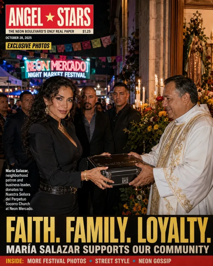 A night market scene featuring Marￃﾭa Salazar donating to Nuestra Seￃﾱora del Perpetuo Socorro Church during the Neon Mercado festival. KI-generierte Inhalte können fehlerhaft sein.