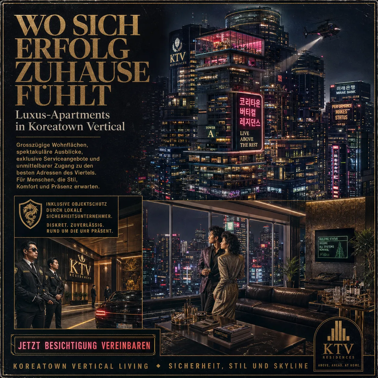 The image depicts a luxurious high-rise apartment building in Koreatown, with a sleek, modern design, offering spectacular views, exclusive amenities, and enhanced security, prominently featuring the KTV Residences brand. KI-generierte Inhalte können fehlerhaft sein.