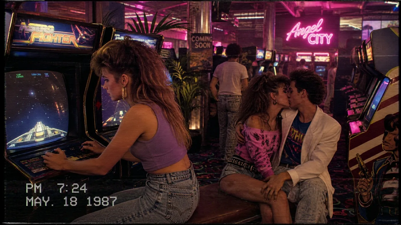 The image depicts a retro arcade scene with people playing games and a date happening inside. KI-generierte Inhalte können fehlerhaft sein.