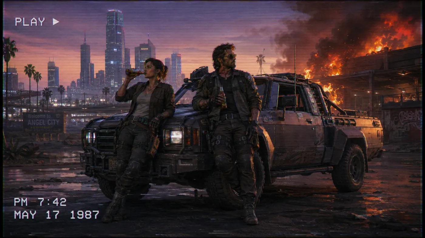 The image depicts a post-apocalyptic urban setting with a damaged cityscape, two armed individuals in military gear, and a military vehicle, dated May 17, 1987, at 7:42 PM. KI-generierte Inhalte können fehlerhaft sein.