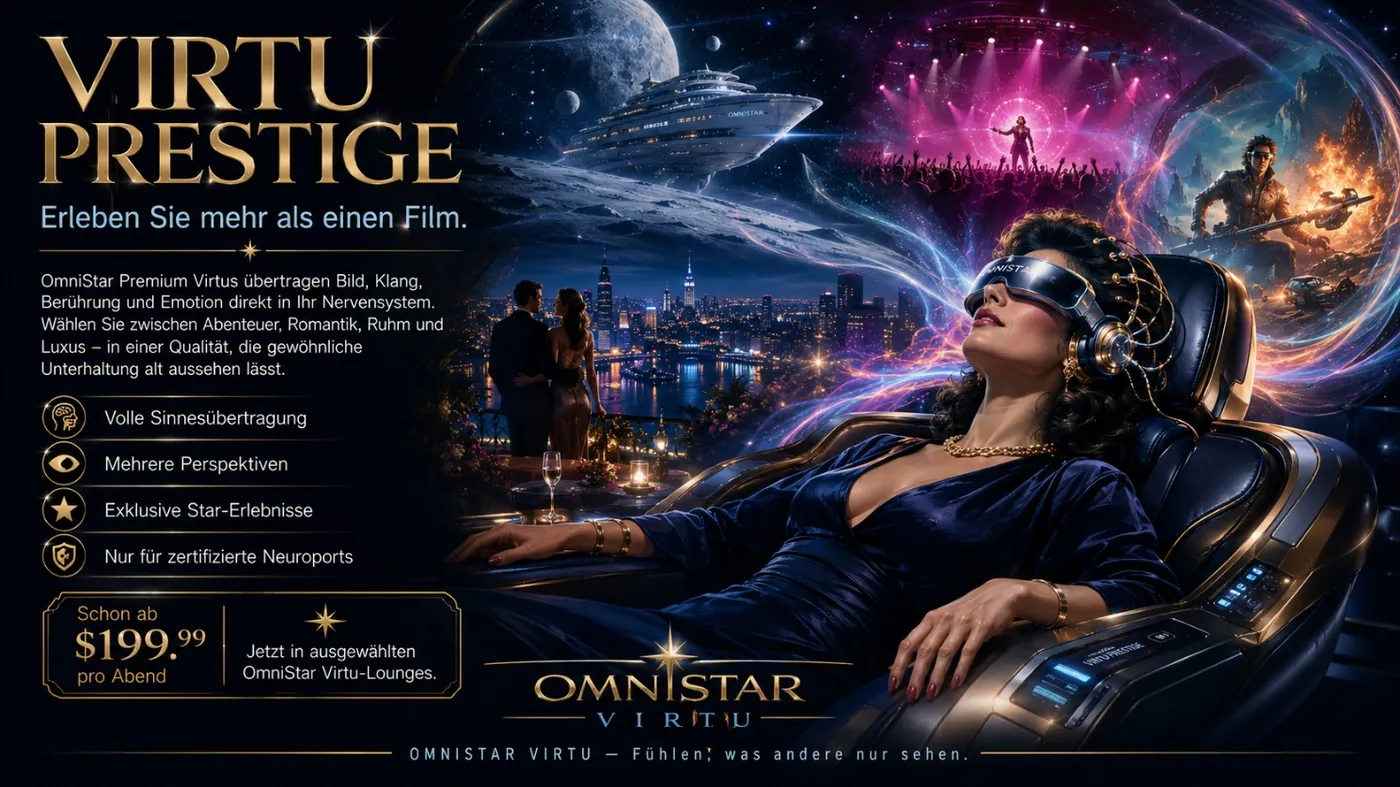 The image depicts an immersive cinematic experience where viewers feel the film's visuals, sound, touch, and emotions directly through their nervous system, with options for adventure, romance, and luxury. KI-generierte Inhalte können fehlerhaft sein.