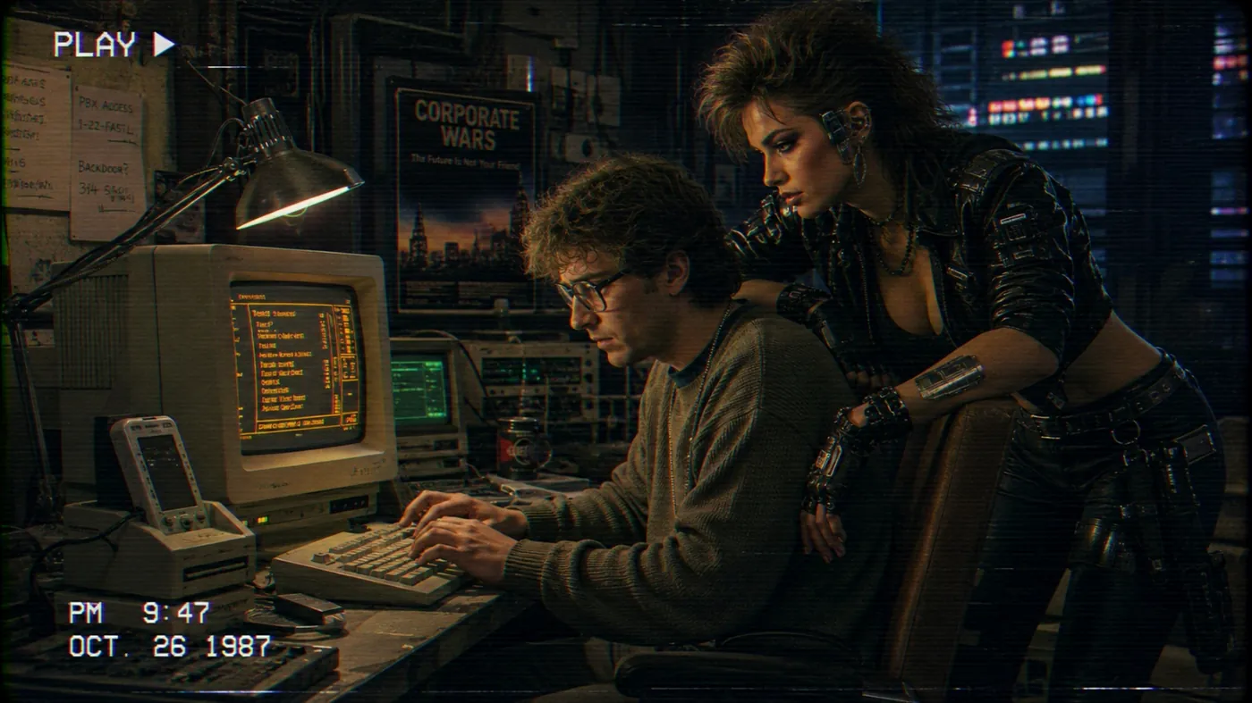 The image depicts a retro computer setup with a bulky monitor, keyboard, and typewriter, and a person wearing dark clothing, suggesting a retro, dystopian or cyberpunk aesthete. KI-generierte Inhalte können fehlerhaft sein.