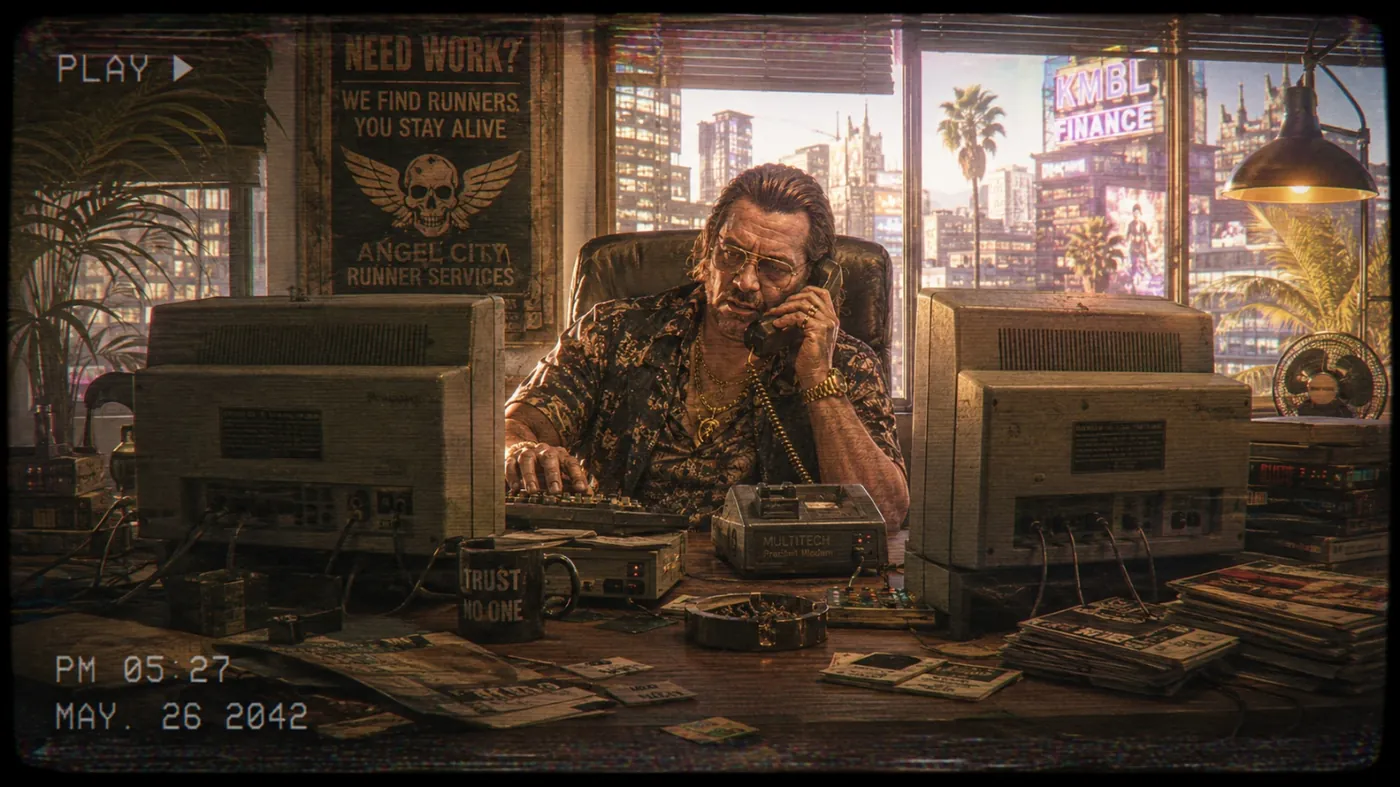 The image depicts a retro diner setting, complete with vintage computers, posters, and a sense of a bygone era, likely evoking a sense of nostalgia or a themed environment. KI-generierte Inhalte können fehlerhaft sein.