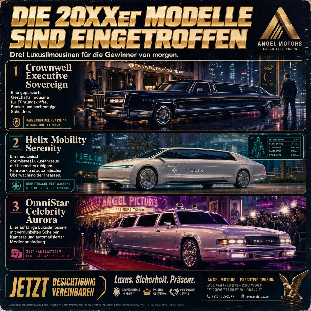The image depicts a luxury car showroom with three distinct models: Crownwell, Panzerung A7, and OmniStar, each highlighting features like executive status, high-end materials, and advanced technologies such as biometric monitoring and 360-degree cameras. KI-generierte Inhalte können fehlerhaft sein.