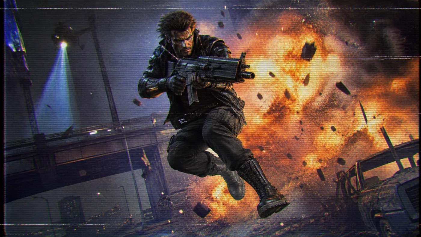 The image depicts a person in a suit leaping into the air amidst a dramatic, explosive background. KI-generierte Inhalte können fehlerhaft sein.