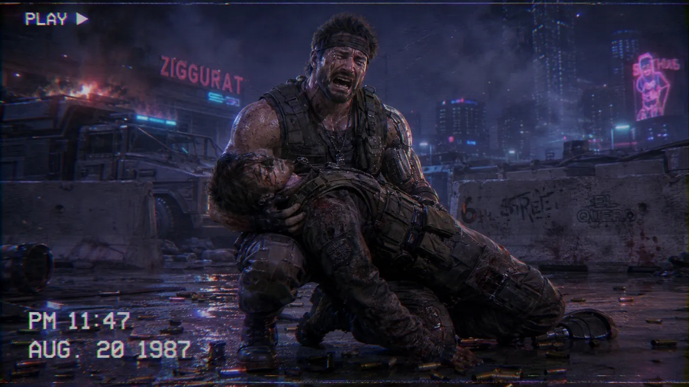 The image depicts a tense, action-packed scene in a dystopian urban environment, likely a video game, with a character in military gear being rescued or aided. KI-generierte Inhalte können fehlerhaft sein.