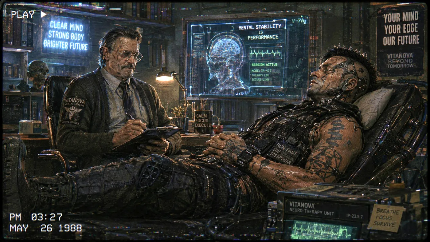 The image depicts a futuristic, technologically advanced environment, featuring a person in a chair with a computer screen displaying complex code and digital imagery, suggesting a focus on mental and physical health themes. KI-generierte Inhalte können fehlerhaft sein.